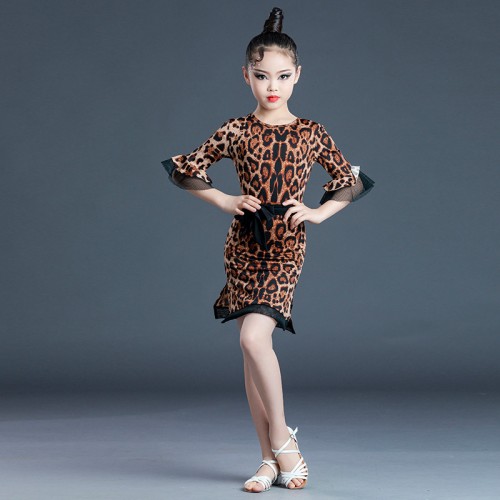 Girls kids leopard latin dance dresses professional stage performance rumba salsa chacha wholesale latin dance costumes for girl